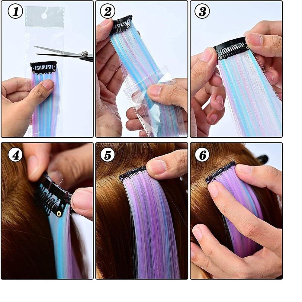 Rainbow Colorful Extension Fashion Long Straight Wavy Hairpieces Fake Hair Clip Strands  Women/Kids