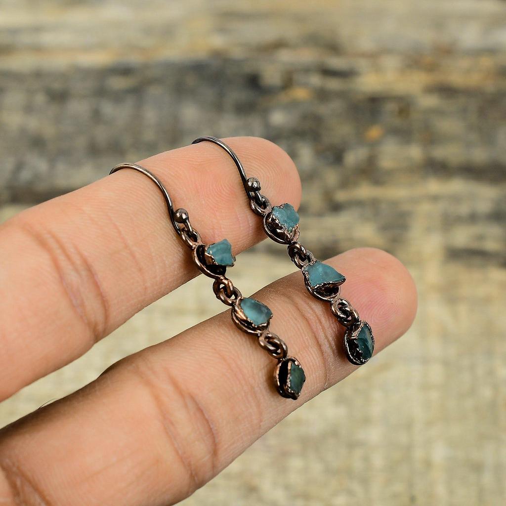 Грубые серьги с аквамарином, медные серьги, полученные гальваническим способом, ювелирные изделия ручной работы, серьги из натурального драгоценного камня, гальванические медные ювелирные изделия, подарок для женщин