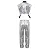 Girls Metallic Vest Jazz Performance Sleeveless Side Zipper Open Shiny Pants Elastic Waistband Dance Set