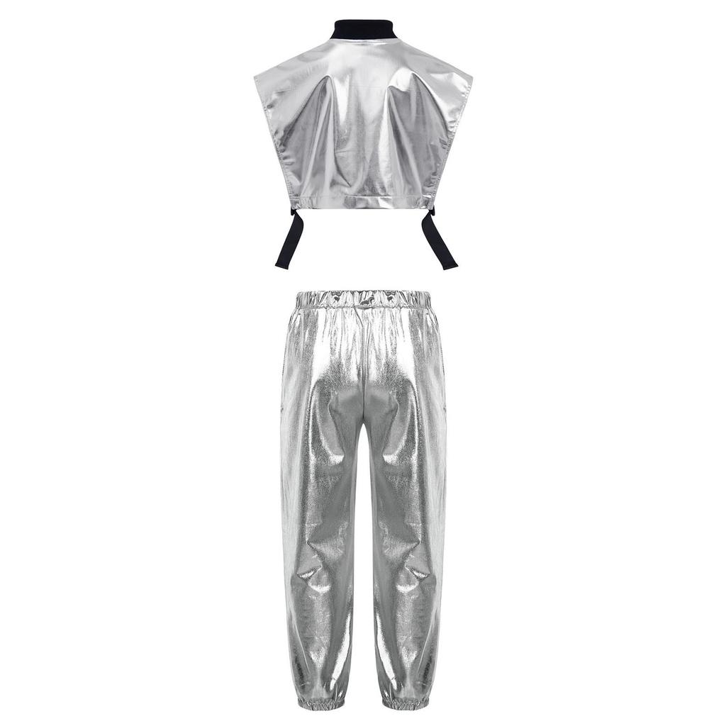 Girls Metallic Vest Jazz Performance Sleeveless Side Zipper Open Shiny Pants Elastic Waistband Dance Set