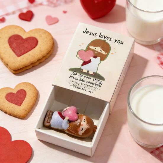Jesus Love You Matchbox Decoration Match Box with Holding Love Heart Mini Jesus Figurine Inside Valentines Day Easter Religious Ornament Gift