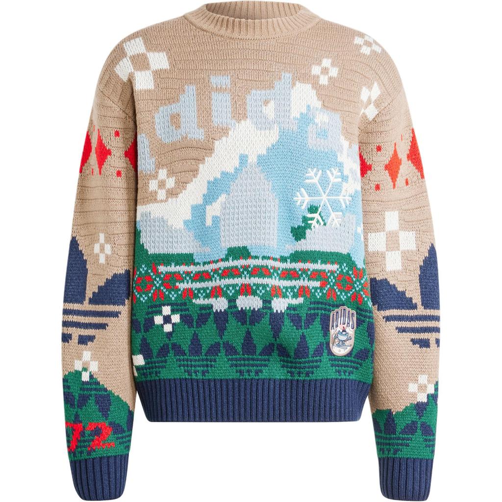 Adidas Оригинальный праздничный узор с принтом, свободный вязаный свитер с круглым вырезом и длинными рукавами, женские топы, розовый, коричневый IT1740