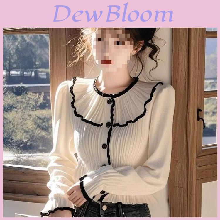 French Chic Long Sleeve Shirt With Ruffle Details For Elegant Spring Fashion