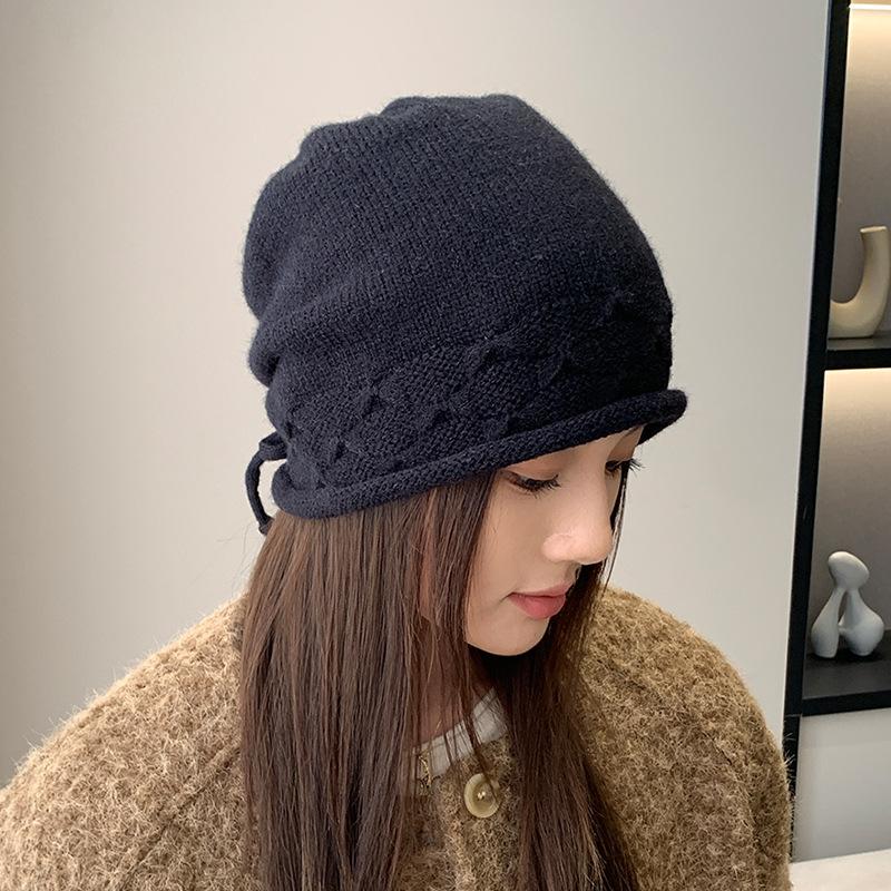 Rawstring Detail Stretchy Slouchy Beanie Hat, Unisex Solid Color Soft Adjustable Winter Knitted Skull Cap