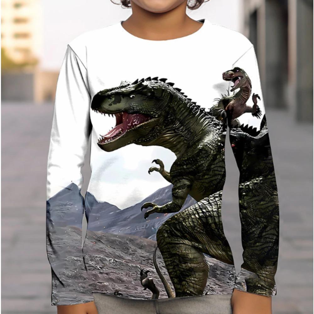 Kids Crew Neck Long Sleeve T‑Shirt, Cool Dinosaur 3D Print Casual Loose Halloween Party Daily Wear Tops for Children