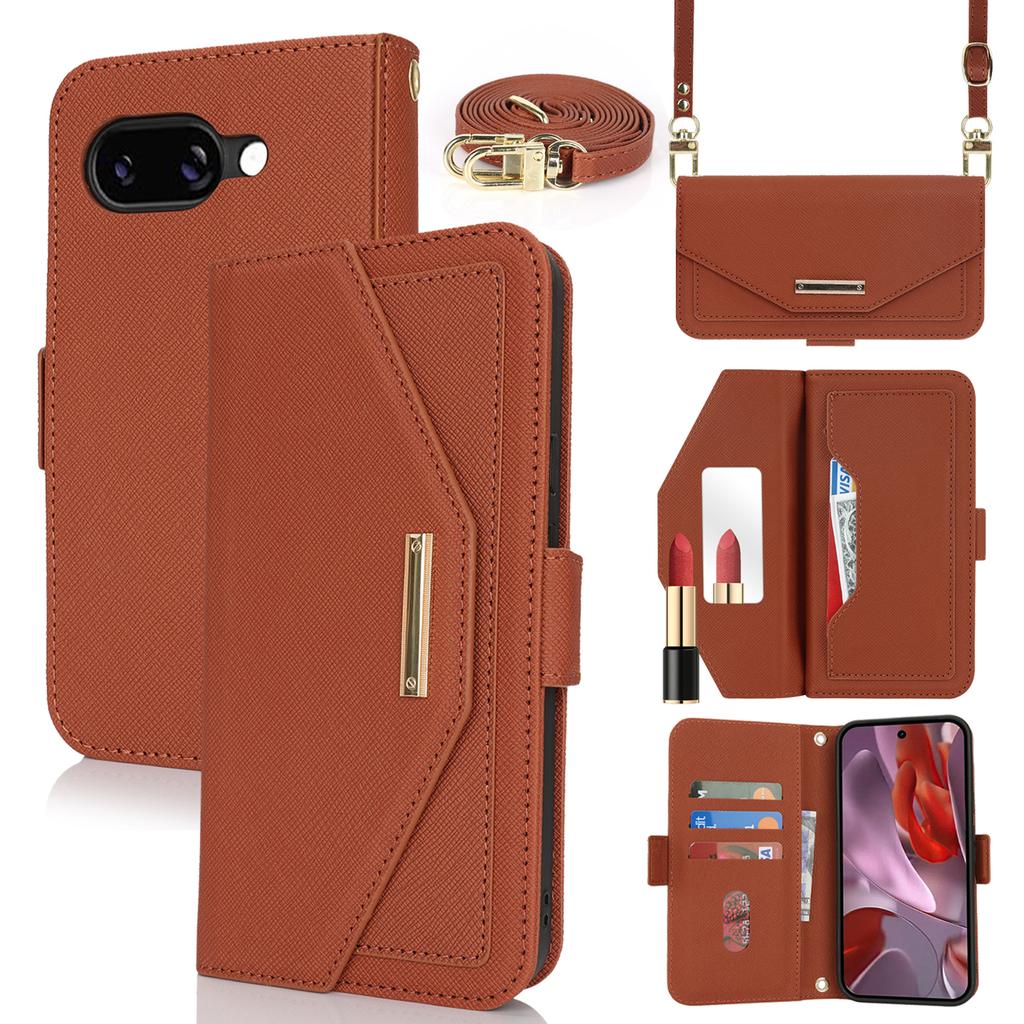 Чехол-подставка для Google Pixel 9a, текстура крест-накрест, кошелек из ПУ кожи, чехол для телефона с плечевым ремнем/зеркальцем для макияжа