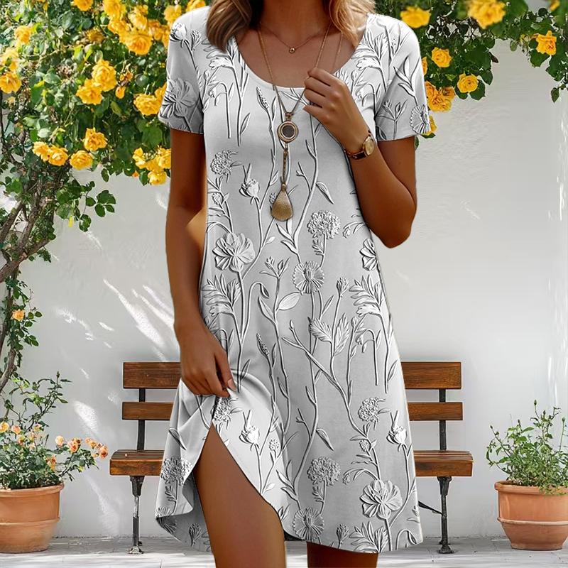 Модное женское свободное платье-трапеция с принтом O-образного выреза и коротким рукавом с принтом листьев