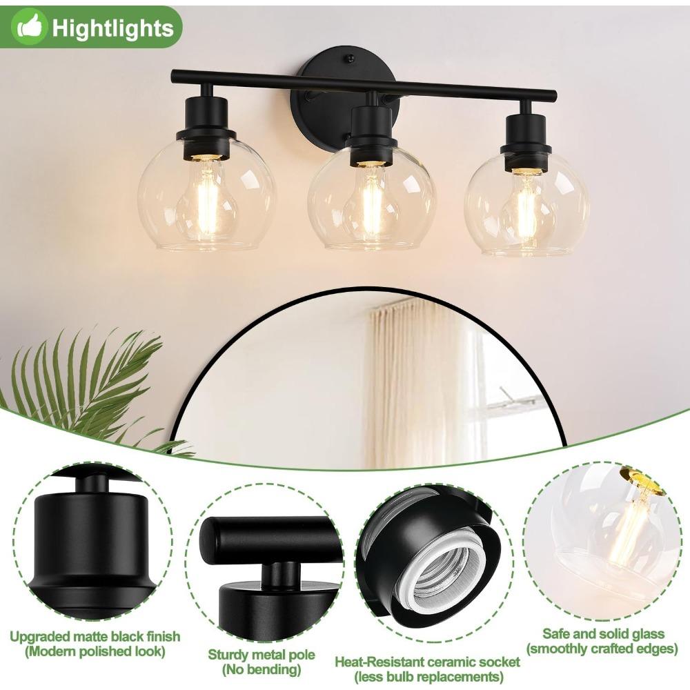 Three-light bathroom fixture, black bathroom vanity light, with transparent glass shade