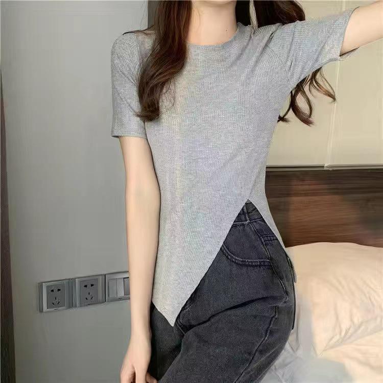 2025 Trendy Slim Black Side-Slit Short-Sleeve T-Shirt for Women