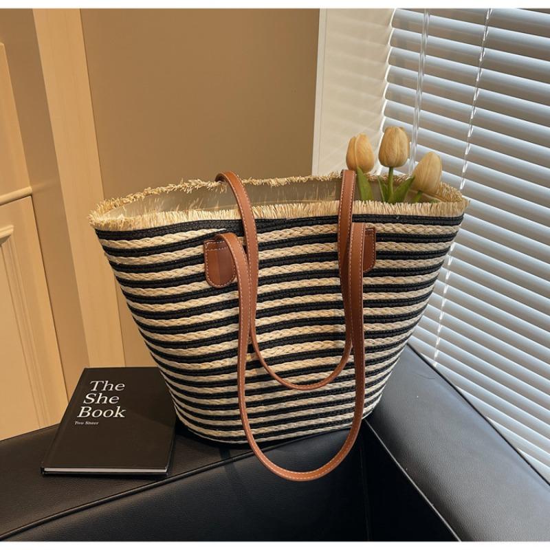 Новая соломенная сумка через плечо большой вместимости с контрастными вставками Универсальная плетеная сумка Женская повседневная сумка-тоут отпускная пляжная сумка