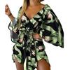 Asymmetrical Hem Elegent Beauty Lady Dress Tropical Print Sexy Women Dress Tie Front V Neck Mini Dress Beachwear