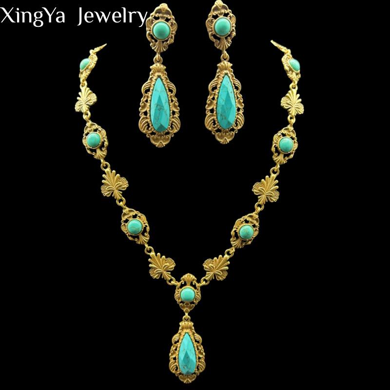 Vintage Court Style Heavy Industry High-end Temperament Water Droplet Necklace Earring Jewelry Set Two Colors To Choose From