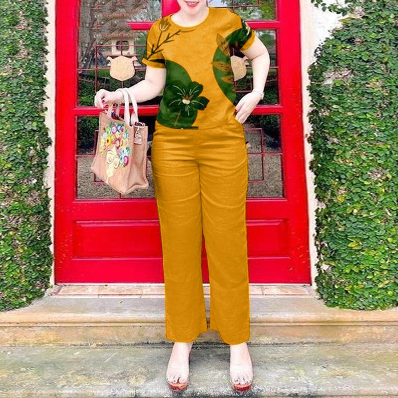 ZANZEA Women Print Blouse and Pants Casual Two Piece Set