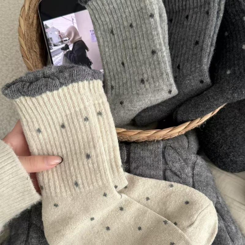 1 пара носков с осенним краем, женские весенне-осенние носки до середины икры, милые носки в горошек, студенческие носки, женские носки