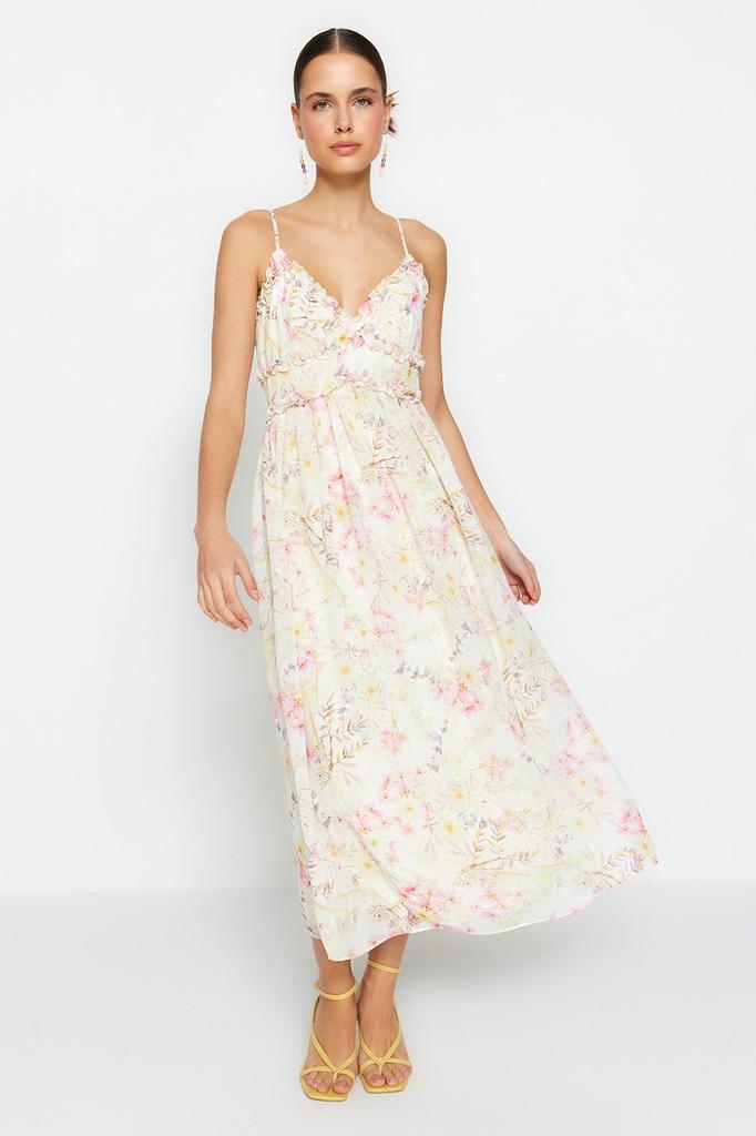 Женское стильное платье Зеленое шифоновое платье макси с цветочным узором и рюшами на подкладке