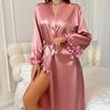 Summer Sexy Faux Silk Bathrobe, Fashionable Casual Home Wear, Polyester Long Women's Lace-up Bathrobe
