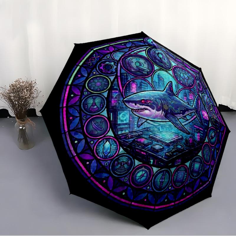 Cybernetic Shark Mandala pattern umbrella, portable and foldable design, 8 ribs, a casual accessory for Halloween, Christmas, and birthday gifts.