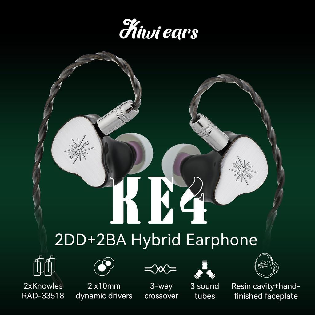 Linsoul Kiwi Ears KE4 Hybrid HiFi Earphones Adopts Diaphragm Structure Equipped with Dual Custom 10mm Dynamic Diaphragms and One Knowles and Balanced