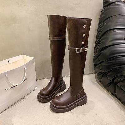 Ботфорты на квадратном каблуке, современные, на молнии, однотонные, с круглым носком, женские 2024, высокое качество, высокий каблук, панк, женские ботинки