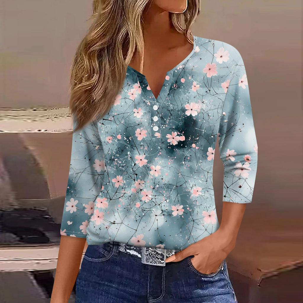 Жен. Футболка С принтом Пуговицы Рукав 3/4 Повседневные Выходные Мода Классический Классический V-образный вырез Обычный Верх