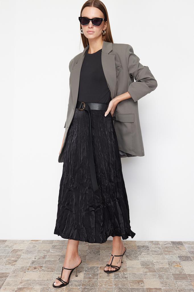 Женская мода, новая юбка в хиджабе, черная плиссированная атласная тканая юбка