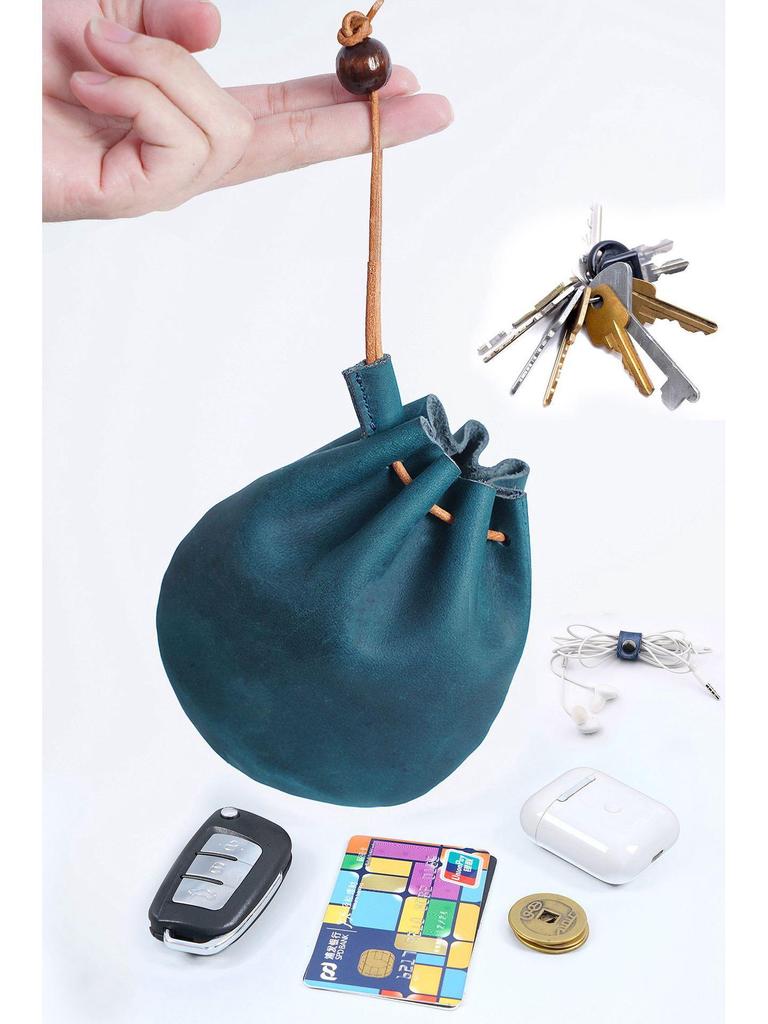 Vintage Leather Cowhide Drawstring Coin Purse - Small Clutch Wallet