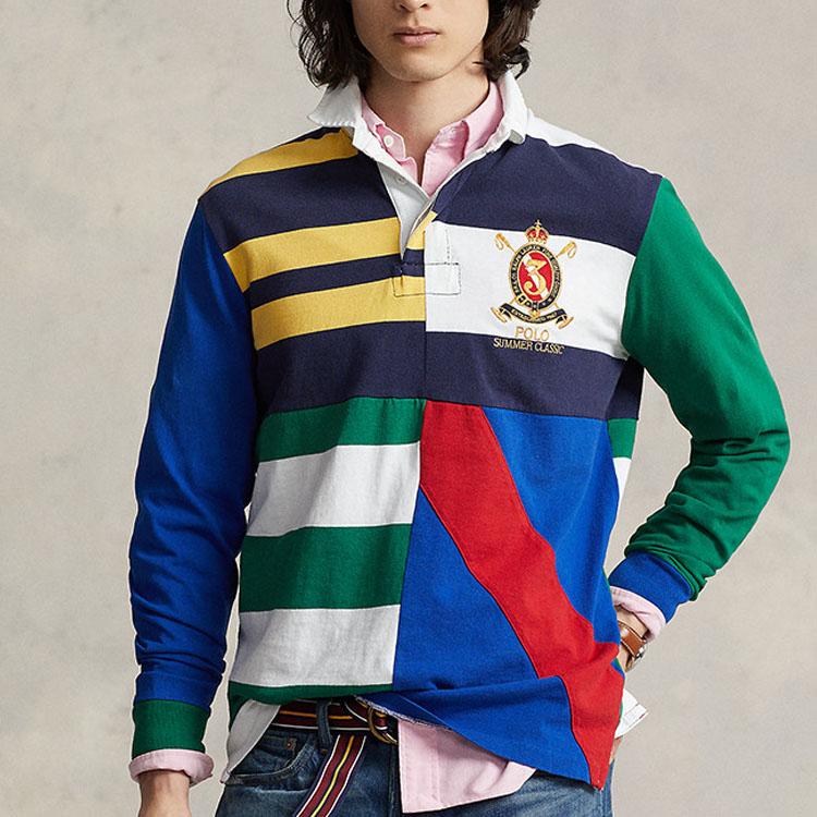 Polo Ralph Lauren SS23 Полосатая рубашка поло с цветными блоками и принтом в виде значка, с длинным рукавом, мужские топы, многоцветные MNPOKNI16822736-410