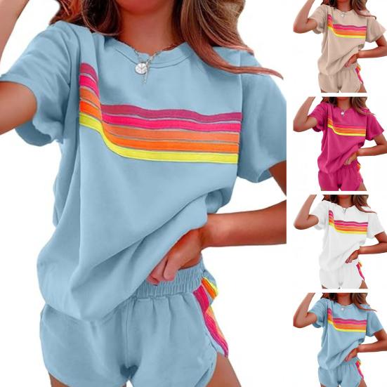 2 шт./комплект женский комплект футболка с коротким рукавом и круглым вырезом эластичный пояс широкие шорты комплект