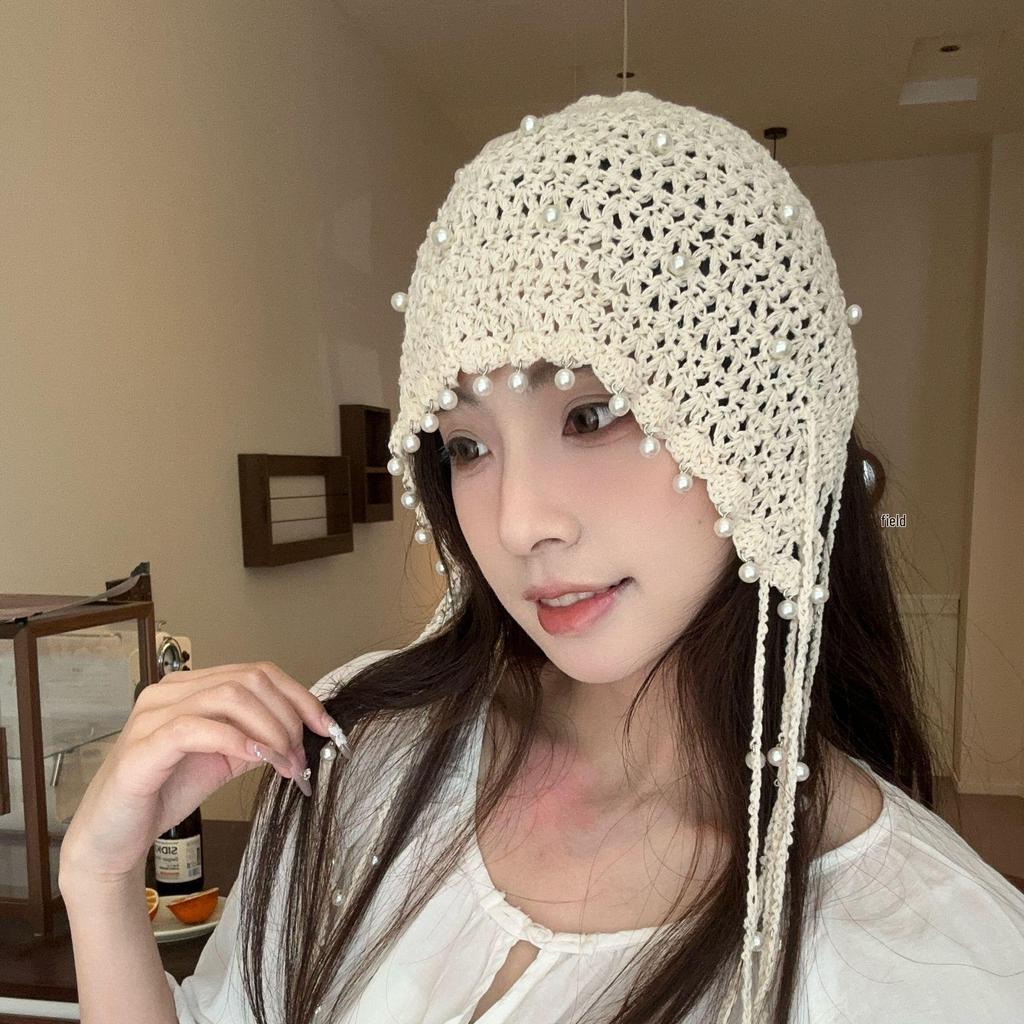 Summer Ethnic Style Knitted Hat with Hollow Pearl Tassel Pendant - Retro Face-Showing Design for Women