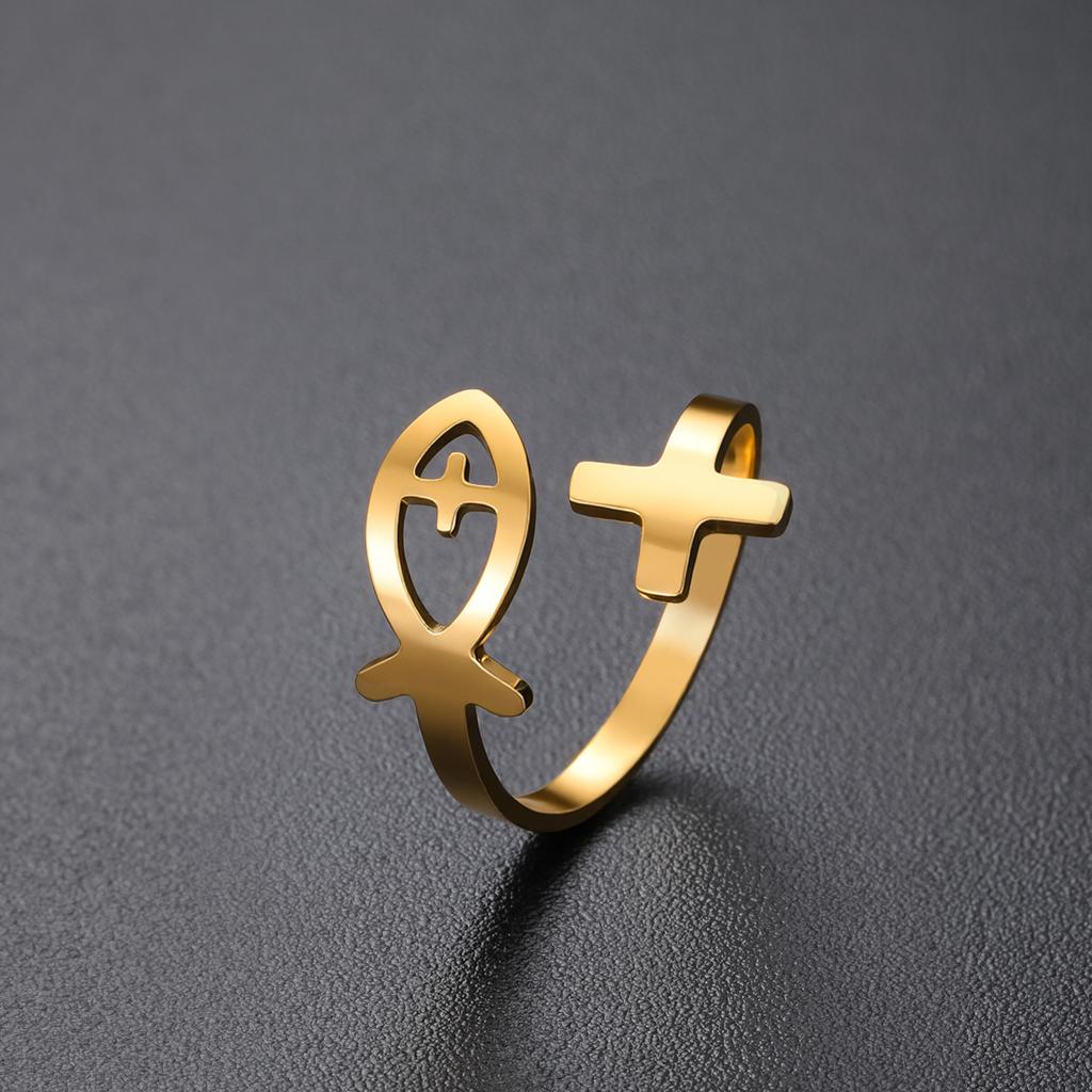 Cazador Christian Jesus Fish Cross Open Rings for Women Stainless Steel Adjustable Finger Rings Jewelry Birthday Protection Gift