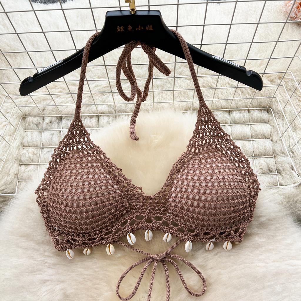Summer Vacation Sexy Suits Strapless Halter Backless Bikini Set Drawstring Tassel Skirt Women Beach Knitted Fashion Two Pieces Suits