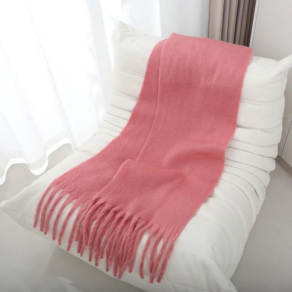 Thickened Extended Solid Color Scarf Women's Autumn Winter Korean Style Angora Student Shoulder Wrap Neck Warmer Pink Macaron