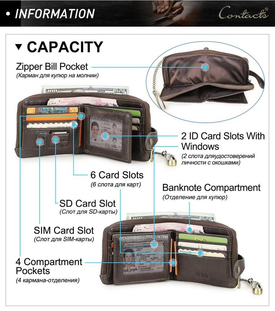 Black Angel RFID Anti-Theft Men's Wallet with Cowhide, Chain, Zipper, and Fashion Buckle