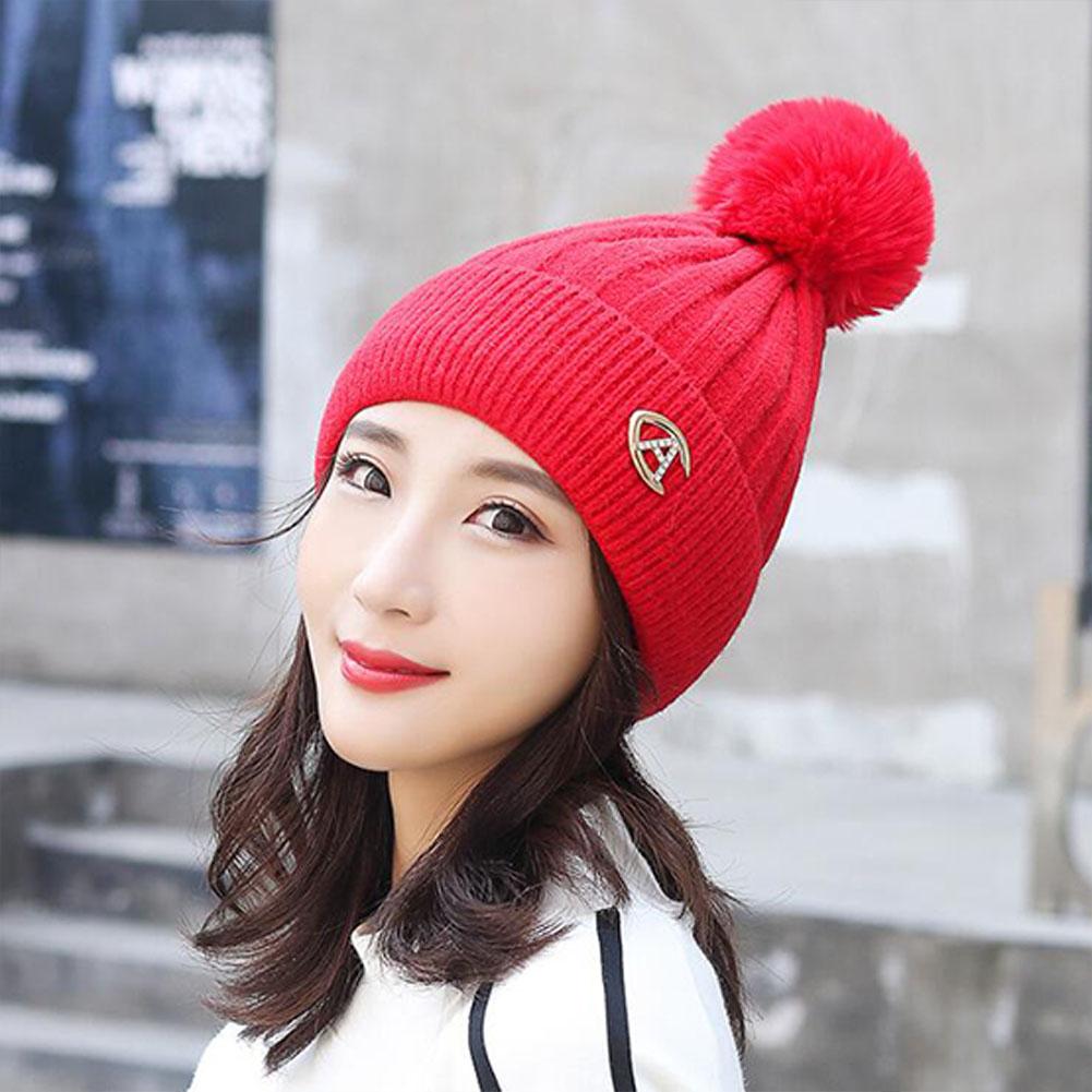 Winter Lady Fashion Thicken Beanie Knitting Wool Ball Solid Color Warm Hat Bonnet