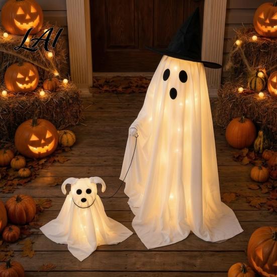 Creepy Cute Halloween Figures Ghost Walking Dog Decor with LED String Light Spooky Glowing Decoration Puppy for Outdoor Home Yard Holiday