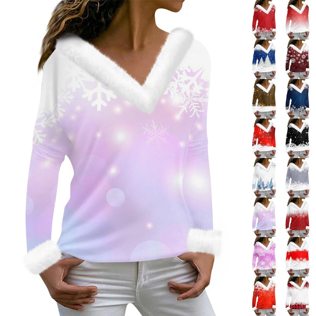 Женская мода повседневная плюшевая кофта с длинным рукавом и V-образным вырезом с рождественским принтом