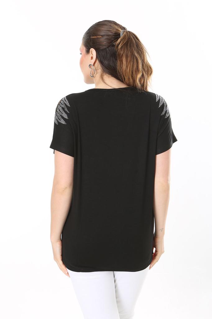 Женская блузка большого размера, черная блузка с короткими рукавами и камнями больших размеров, черные ангелы