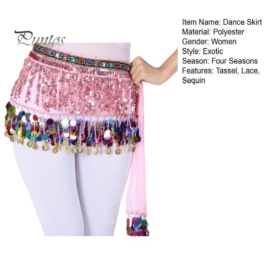 Belly Dance Skirt Sequin Tassel Waist Scarf Exotic Style Tie Up Adjustable Thin Skirt See-through Lace Stage Performance Cosplay Mini Skirt Apron Wrap