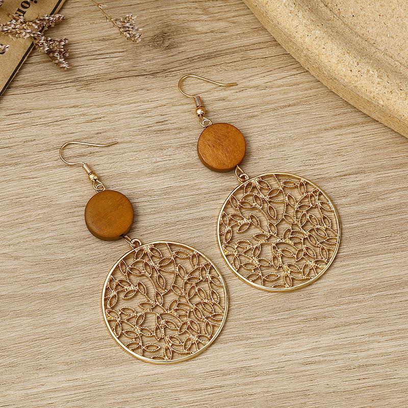 Hollow Earrings Women's Exaggerated Retro Style Wood Alloy Engraved Long Face Thin Stud Earrings