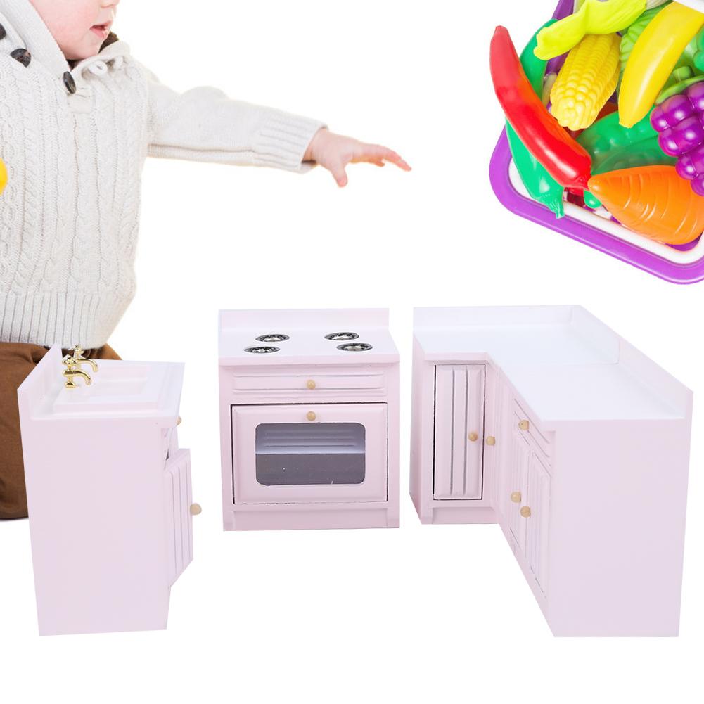 1 : 12 Mini Wooden Dollhouse Integral Kitchen Furniture Miniature Handcraft House PinkKitchen Unit