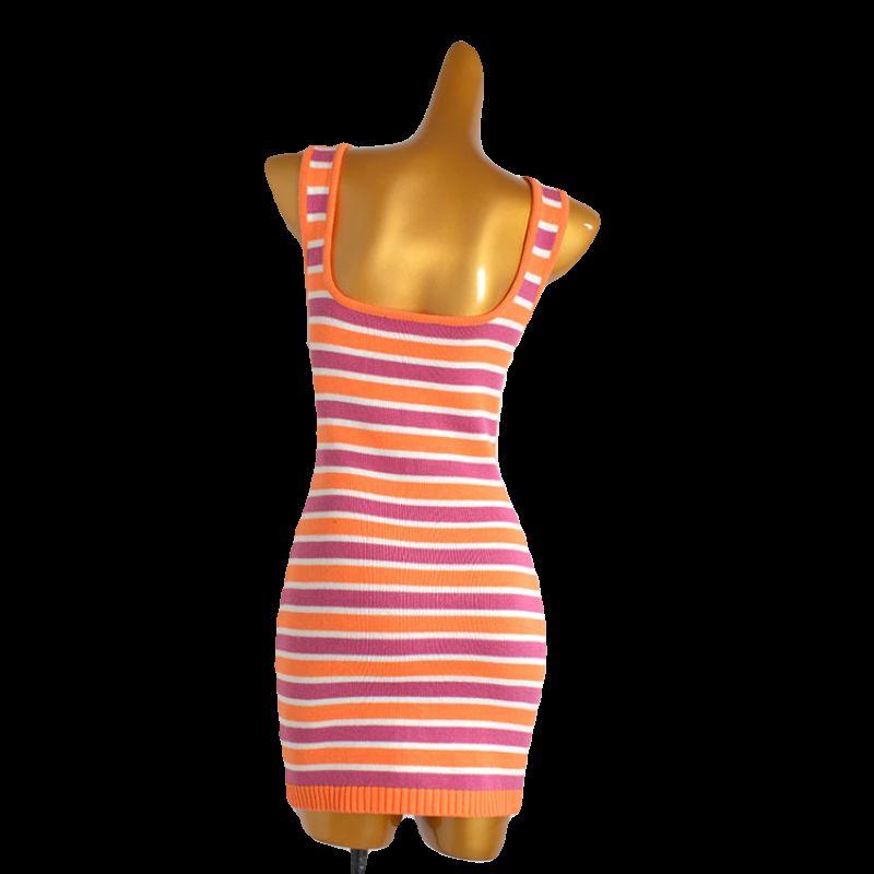 New Arrival Contrast Color Stripes Sexy Cut Out Spaghetti Straps Knitted Dress Women's Clothing Open Back Mid Length Long Length Bodycon Dress