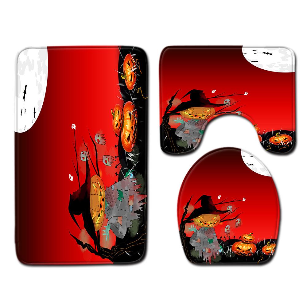 Halloween Shower Curtain Floor Mat Combination Four-Piece Set Bathroom Toilet Carpet Shower Room Foot Mat