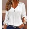 Jacquard Drawstring Long Sleeve Lace Shirt Women Fashion Elegant V Neck Blouse Woman Vintage Hollow Solid Slim Ladies Tops 30658