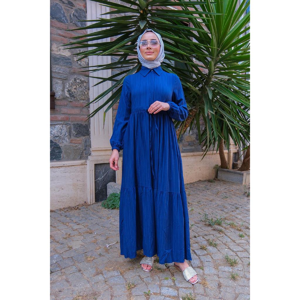 Waist Gathered Dress Navy Blue