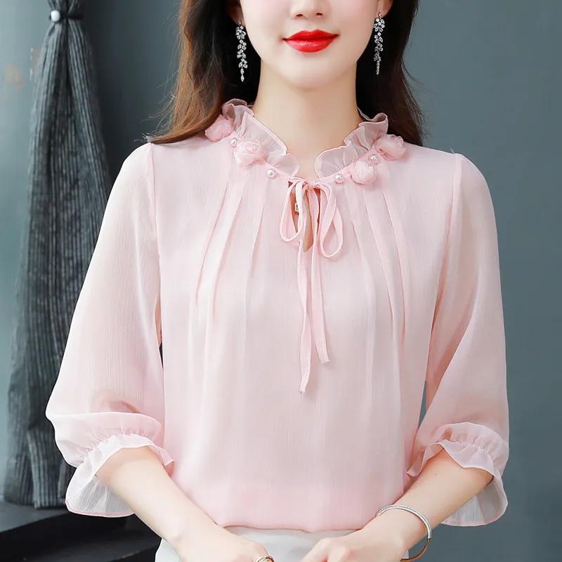 Женская летняя рубашка из шифона с рукавом пять четвертей, однотонный дизайн, женская блузка с завязкой