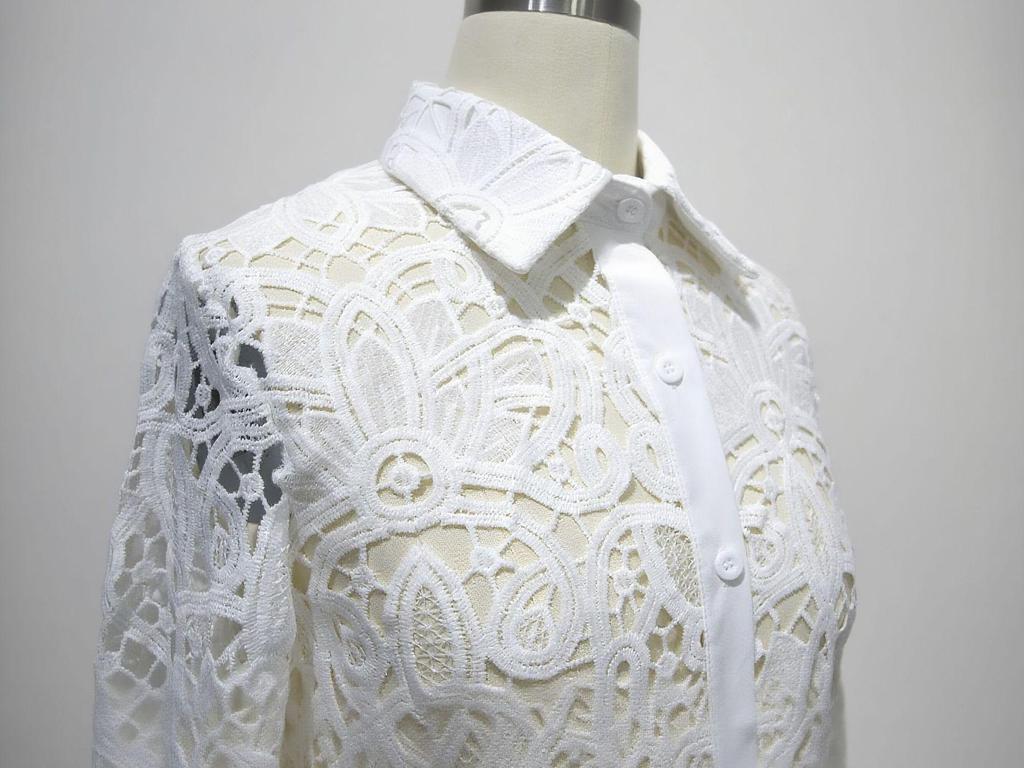 2025 French Fashion Lace Floral Long Sleeve Tunic with Turn-Down Collar