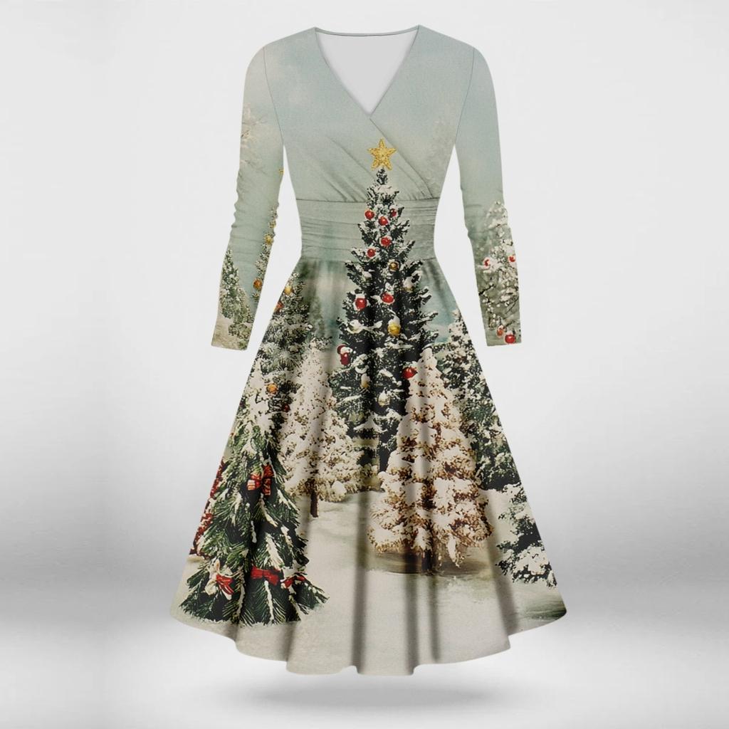 Женское повседневное и модное сексуальное платье с v-образным вырезом и длинными рукавами с рождественским принтом