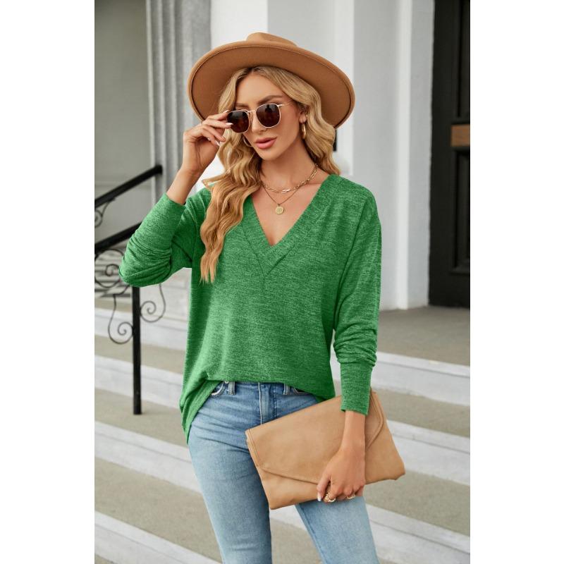 Весенне-осенняя женская блузка, однотонная, с v-образным вырезом, свободный повседневный топ с длинными рукавами