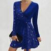 2024 Cross V-neck Long Sleeve Women Sequin Dress Autumn And Winter A-line Party Irregular Bow Lace-up Bandage Short Dress 30660