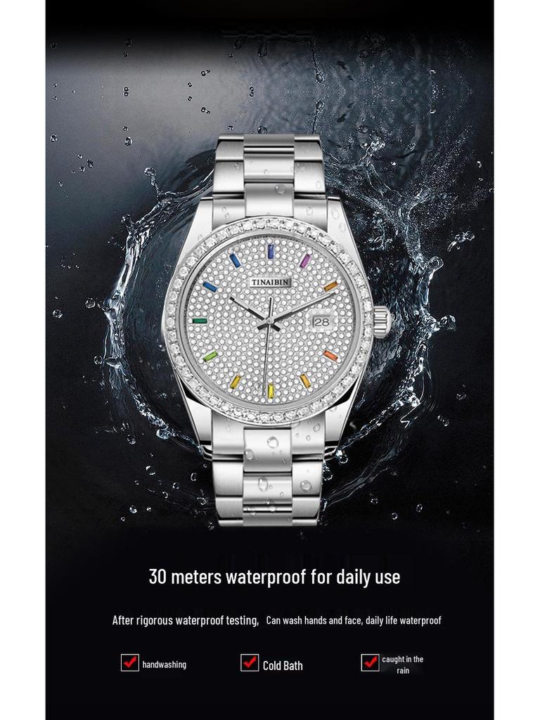 Swiss Automatic Men's Watch: Waterproof, Luminous, Diamond Accents, Steel Band, Quartz Movement.